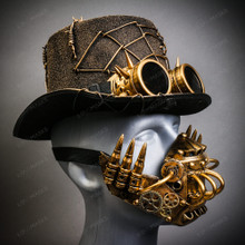 Gold Halloween Spider Web Top Hat w/ Gold Robot Mask & Spike Goggles Costume