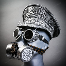 Metallic Silver Steampunk Captain Cap w/ Silver Party Gas mask & Spike Goggles