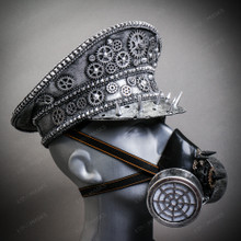 Metallic Silver Steampunk Captain Cap w/ Silver Party Gas mask Halloween Costume