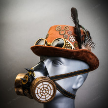 Brown Steampunk Victorian Feather Goggle Top Hat w/ Gold Gas Mask Party Costume