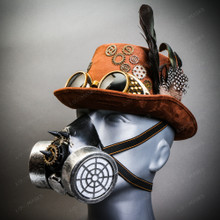 Brown Steampunk Victorian Feather Goggle Top Hat w/ Silver Gas Party Face Mask