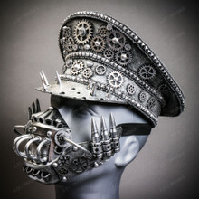 Metallic Silver Steampunk Captain Cap w/ Silver Robot Mouth Cover Mask Halloween