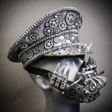 Metallic Silver Steampunk Captain Cap w/ Silver Robot Mouth Cover Mask Halloween