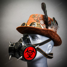 Brown Steampunk Victorian Feather Goggle Top Hat w/ Red Hazard Logo Party Mask