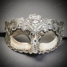 Venetian Masquerade White Crackle Lace Women Eye Mask - Silver