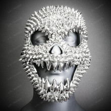 Shinny Spikes Full Face Skull Halloween Masquerade Mask - Silver (with model)