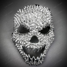 Shinny Spikes Full Face Skull Halloween Masquerade Mask - Silver