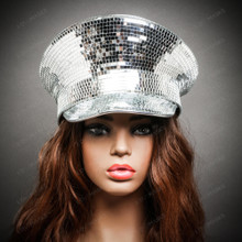 Shinny Disco Ball Mirrors Rave Party Military Captain Cap - Silver (model)