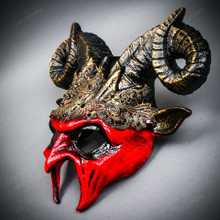 Krampus Ram Demon with Gold Laces Horns Devil Halloween Mask - Bloody Red