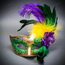 Venetian Half Moon Masquerade Side Feather Mask - Gold Green