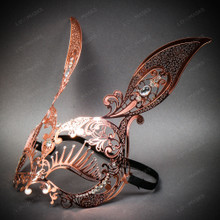 Bunny Rabbit Metal Laser Cut Silver Rhinestones Masquerade Mask - Rose Gold