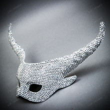 Krampus Horn Full Rhinestones Elegant Devil Women Mask - Silver