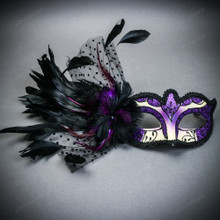 Venetian Black Side Feather Purple Glitter Women Eyes Mask