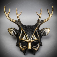Antler Deer Textured Horn with Brushed Gold Laces Devil Halloween Masquerade Mask - Black