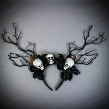 Tree Branches Halloween Skull with Black Rose Headband - Black