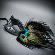 Classic Glitter Black Side Peacock Feather Venetian Masquerade Eye Mask Black