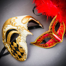 Gold Venetian Phantom Half-Face with Gold Red Flurry Feather Couple Mask