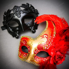 Venetian Black Warrior Half-Face w/ Gold RED Side Feather Men Women Couple Mask