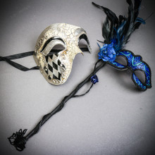 Silver Venetian Phantom Half Face w/ Stick BLUE Feather Women Eye Couple Mask