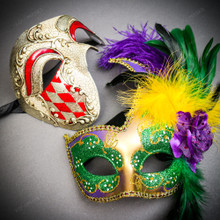 Silver RED Venetian Phantom with Mardi Gras Green Purple Feather Couple Mask