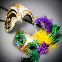 Gold Venetian Phantom Half Face with Mardi Gras Green Purple Feather Couple Mask