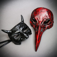 Black Devil Demon Eye Mask w/ Red Raven Bird Nose Halloween Couple Party Mask