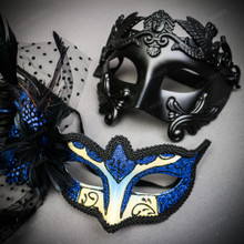 Venetian Black Warrior & BLUE Glitter Peacock Black Feather Ball Couple Mask