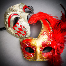 Silver Venetian Phantom Half Face w/ Gold RED Side Feather Men Women Couple Mask