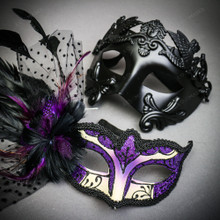 Venetian Black Warrior Half-Face Purple Glitter Black Feather Eye Couple Mask