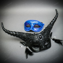 BLUE Venetian Classic Eye w/ Long Horns Elegant Devil Eye Black Couple Mask