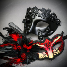 Venetian Warrior Half-Face RED Glitter Peacock Black Feather Eye Couple Mask