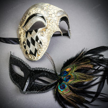 Venetian Silver Phantom Half Face Black Glitter Peacock Feather Eye Couple Mask