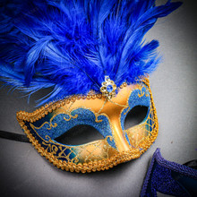 Women Blue Gold Glitter Tall Feather Eye w/ Men Classic Venetian Couple Mask