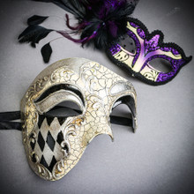 Venetian Phantom Face & Purple Glitter Peacock Black Feather Eye Couple Mask