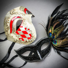 Venetian RED Silver Phantom Half Face & Black Glitter Feather Eye Couple Mask