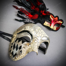 Venetian Silver Phantom Half Face & RED Glitter Black Feather Eye Couple Mask