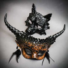 Black Wolf Animal Scary Masquerade Brown Devil Long Horn Halloween Couple Mask