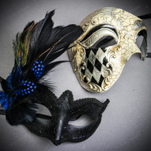 Venetian Silver Phantom Face & Black Glitter Peacock Blue Feather Eye Couple Mask