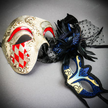 Venetian Silver RED Phantom Half Face BLUE Glitter Black Feather Couple Mask