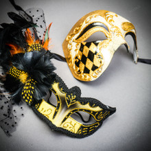 Venetian Phantom Half Face & Gold Glitter Peacock Black Feather Eye Couple Mask