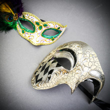 Venetian Silver Phantom Ball Men & Women Feather Green Glitter Eye Couple Mask