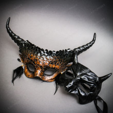 Man Black Demon Eye Mask w/ Long Horns Brown Devil Women Halloween Party Mask