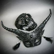 Black Pirate Skull Full Face w/ Long Horns Elegant Devil Eye Black Couple Mask