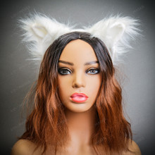 White Furry Cat Ear Headband Cosplay Animal Costume Accessory
