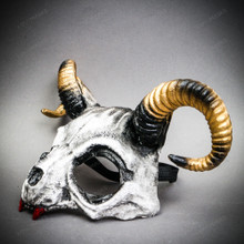 White Skull Ram Mask with Gold Horns Fantasy Demon Costume Mask - White Gold