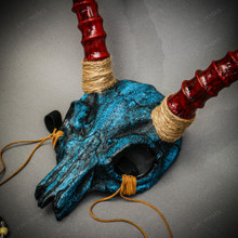 Skull Mask with Red Horns Tribal Demon Costume Mask - Blue