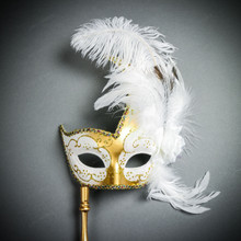 Venetian Side Feather Mask on Stick Elegant Masquerade Ball Mask - Gold White