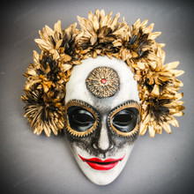 Golden Sunflower Día de los Muertos Mask – Handcrafted White & Gold Sugar Skull Masquerade Mask