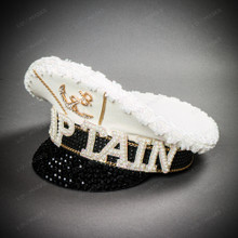 Captain Bling Rhinestone Sailor Hat White & Black Nautical Costume Cap
