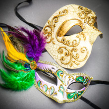 Gold Phantom Half Face Mask & Green & Yellow Masquerade Mask Couple Mask Set
